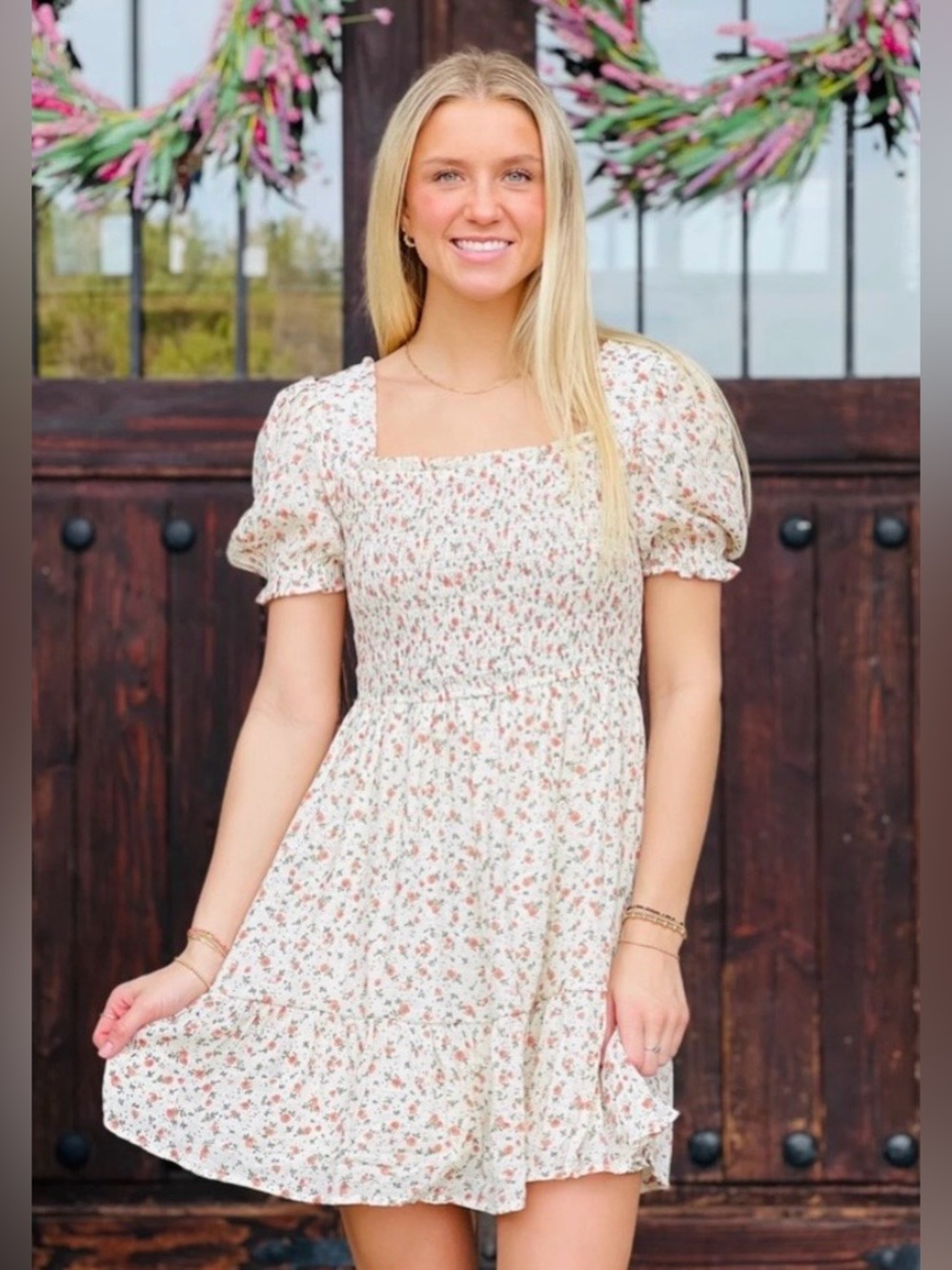 mine Cream Floral Smocked Square-Neck Mini Dress